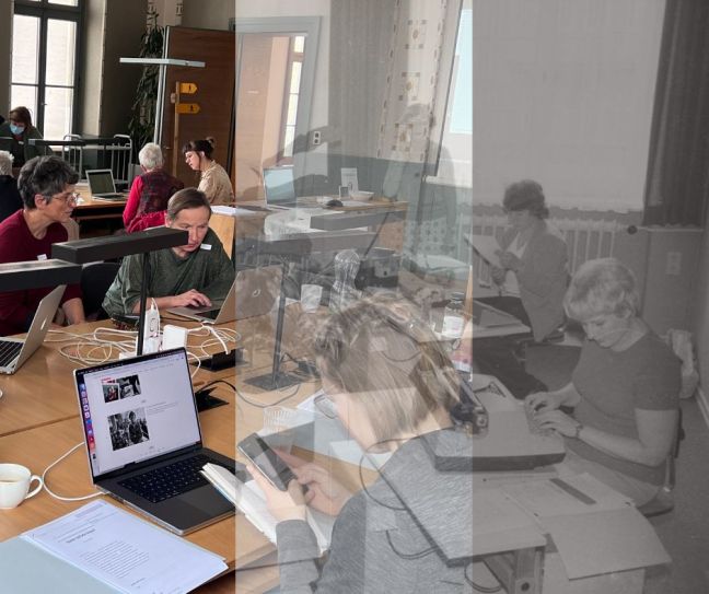 Deutsch: Linke Bildhälfte: Impression vom Edit-a-thon "Thurgauer Frauen für Wikipedia" vom 6. November 2022 in der Kantonsbibliothek Thurgau, rechte Bildhälfte: Zentraler Schreibdienst im Rathaus (Kiel 57.318) (Quelle: https://commons.wikimedia.org/wiki/File:Zentraler_Schreibdienst_im_Rathaus_(Kiel_57.318).jpg), veröffentlicht auf dem Instagram-Kanal der Kantonsbibliothek Thurgau am 8. November 2022